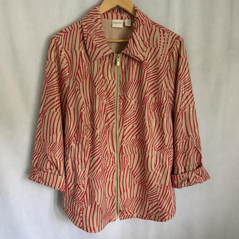 Chico's Zenergy Jacket Womens 2 Abstract Metallic Stripe Full Zip Stretch Travel